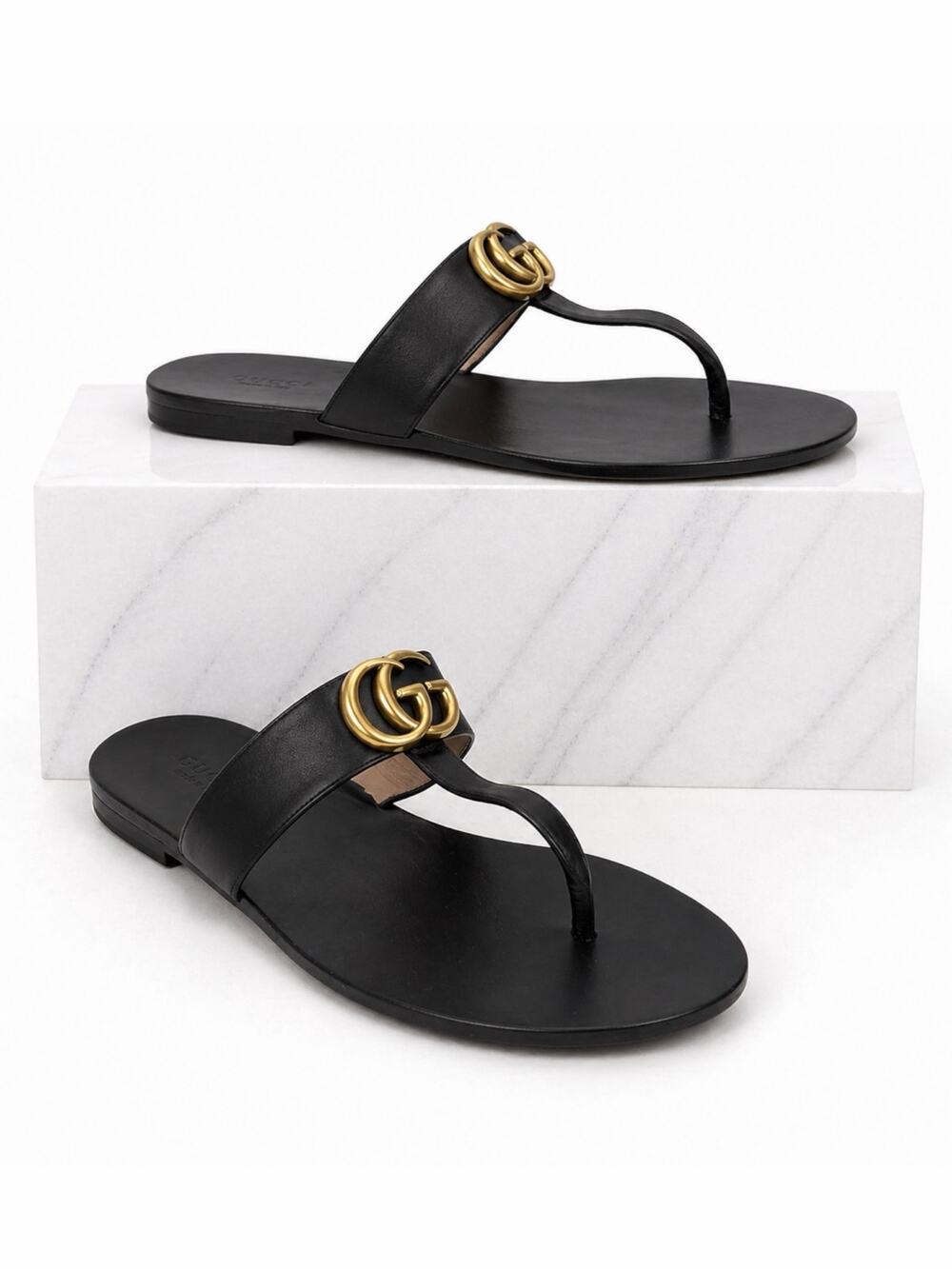 Gucci Black Leather Thong Sandal Gold Double G Logo Size 36.5